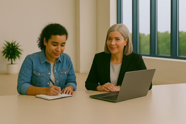 Two woman talking at a table