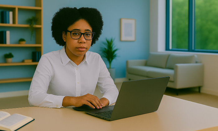 Woman typing on a laptop