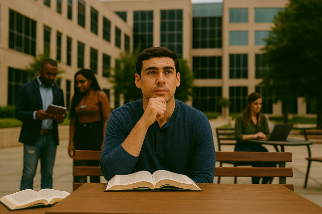 Man thinking at a table in a park