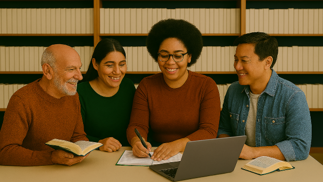 Four people working together in a library
